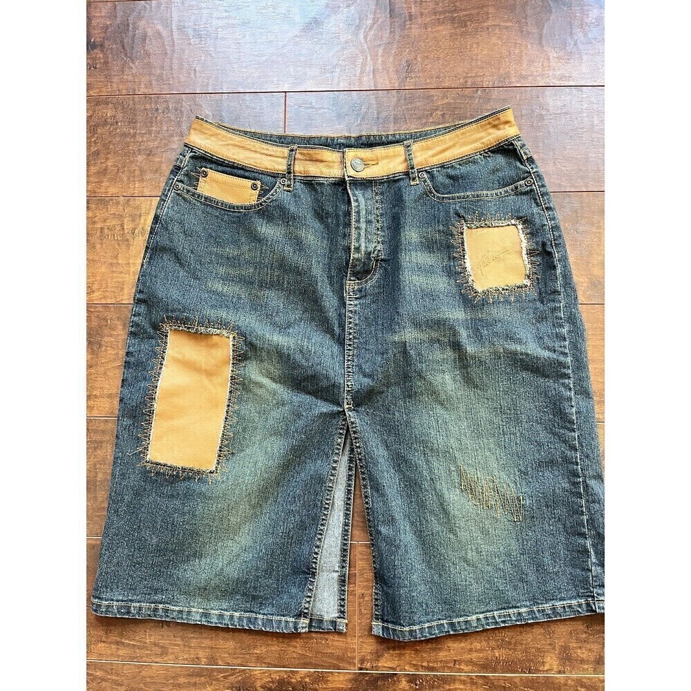 Y2K Fubu Vintage Mini Denim Leather Patch Work Pencil Skirt Size 9/10
